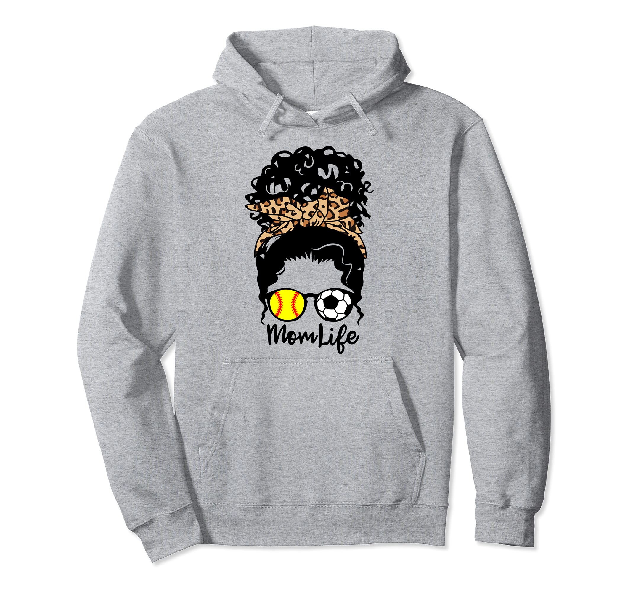 Mom Life Messy Bun Curly Hair Softball Hoodie - Unique Graphic Men Women - T-Shirt, Sweatshirt, Hoodie