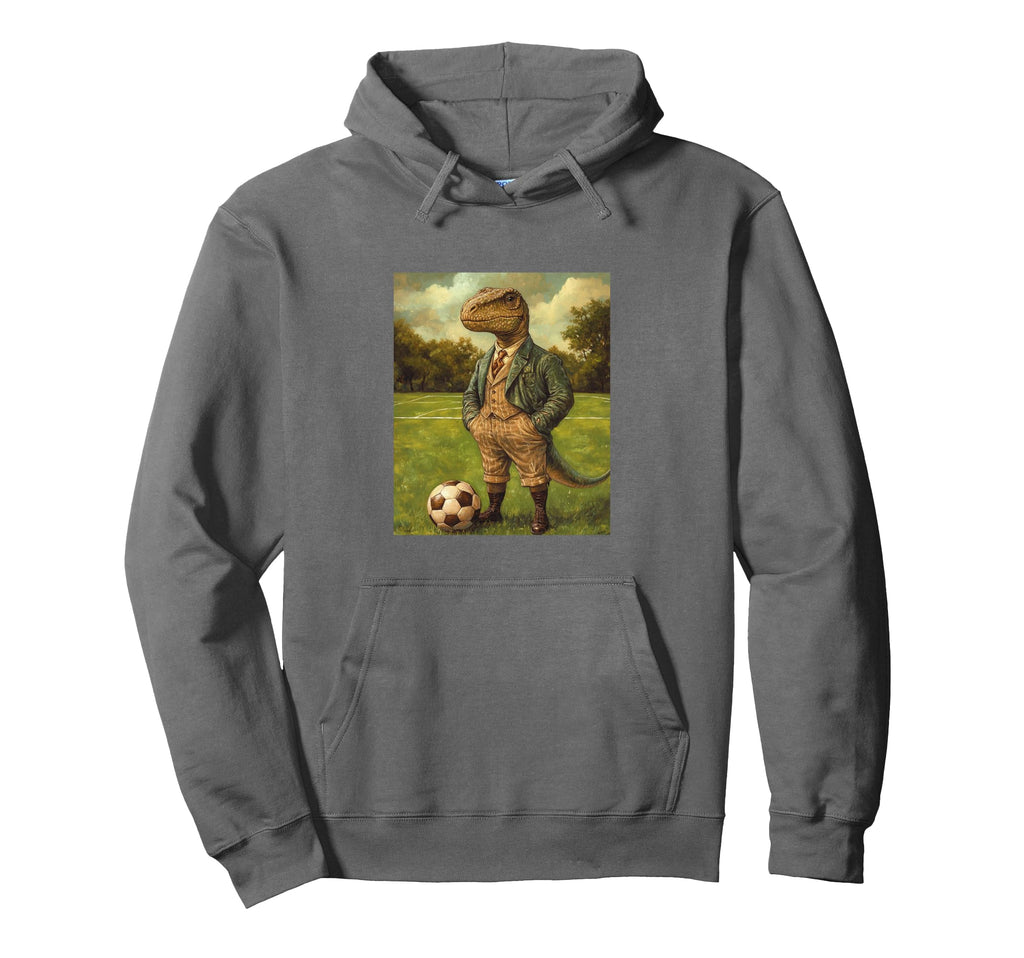 Funny T Rex Dinosaur Playing Soccer Hoodie - Custom Art Print for Adults - T-Shirt, Sweatshirt, Hoodie