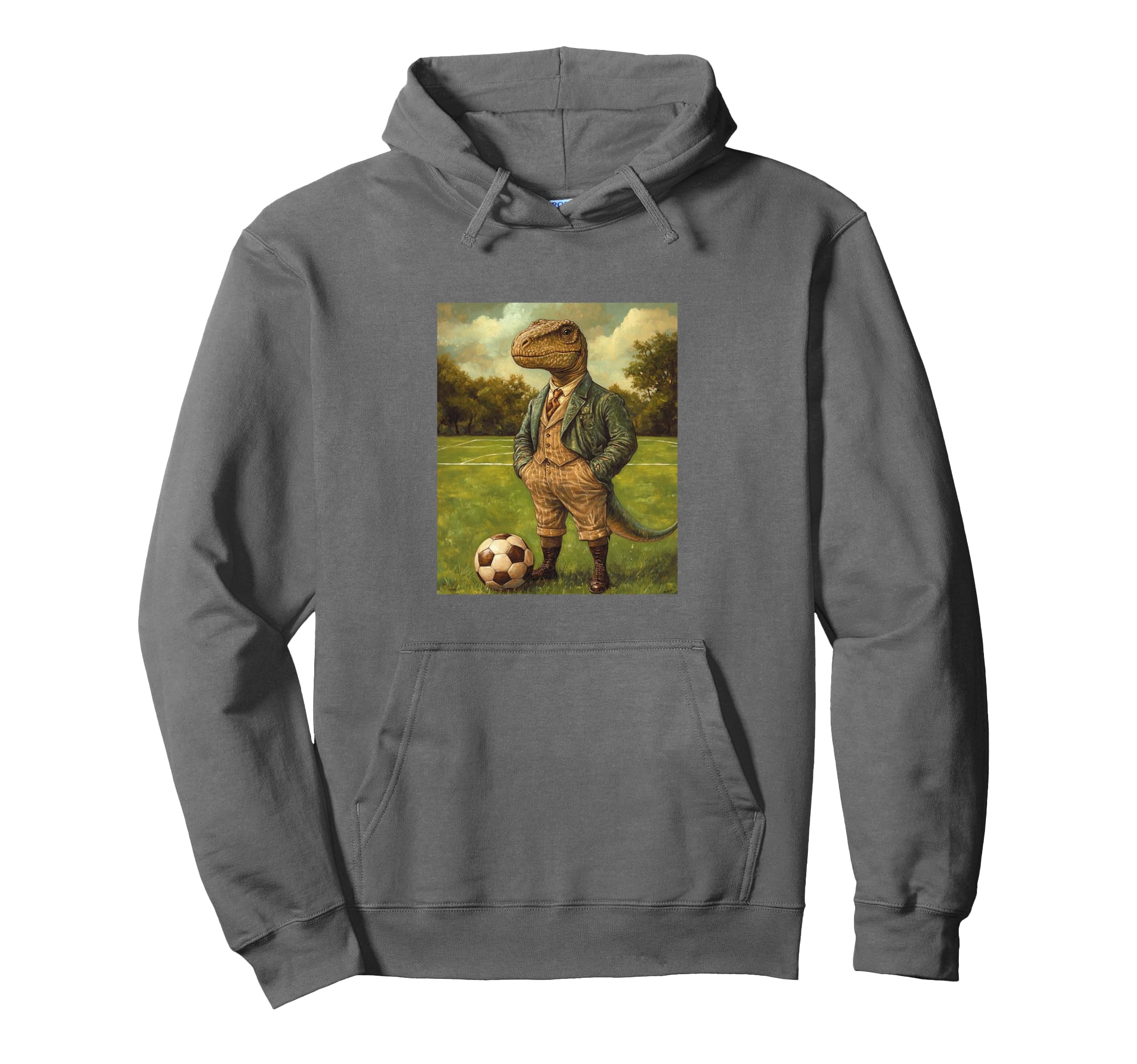 Funny T Rex Dinosaur Playing Soccer Hoodie - Custom Art Print for Adults - T-Shirt, Sweatshirt, Hoodie