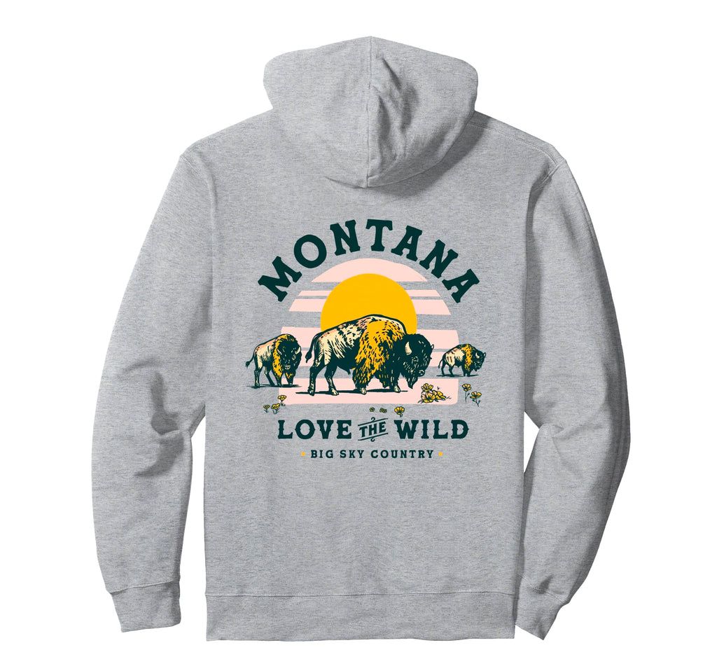 Big Sky Country Montana Buffalo Travel Art Hoodie - Unique Graphic Unisex - T-Shirt, Sweatshirt, Hoodie
