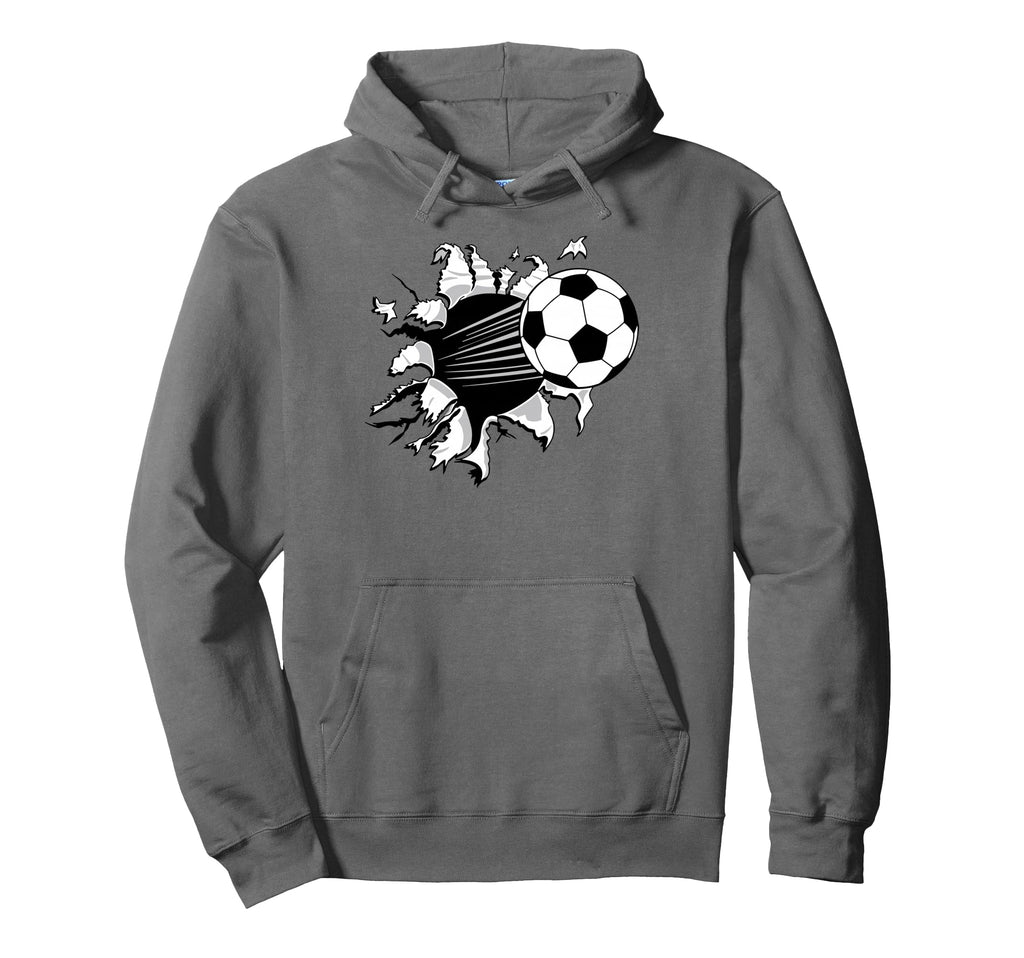 Soccer Ball Crashing Through Fabric Hoodie - Unique Graphic for Adults - T-Shirt, Sweatshirt, Hoodie