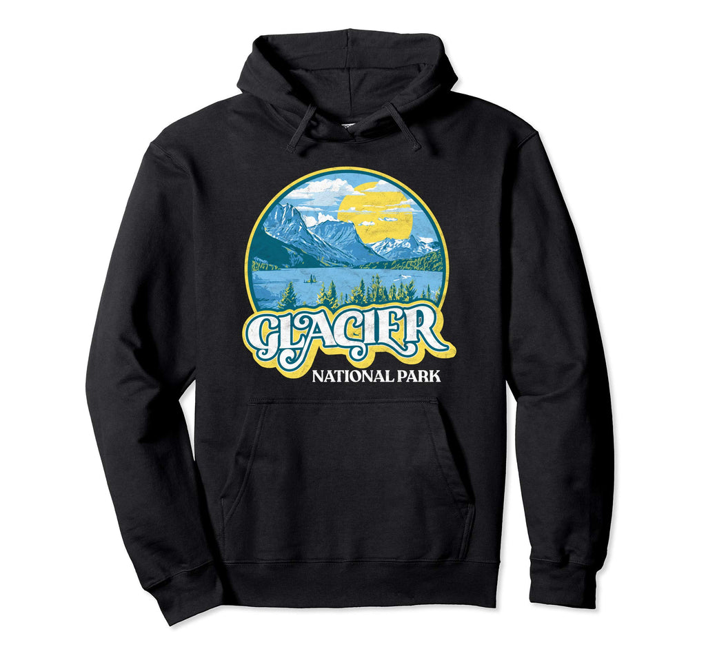 Glacier National Park Montana 80S Hoodie - Fun Novelty Design for Adults - T-Shirt, Sweatshirt, Hoodie