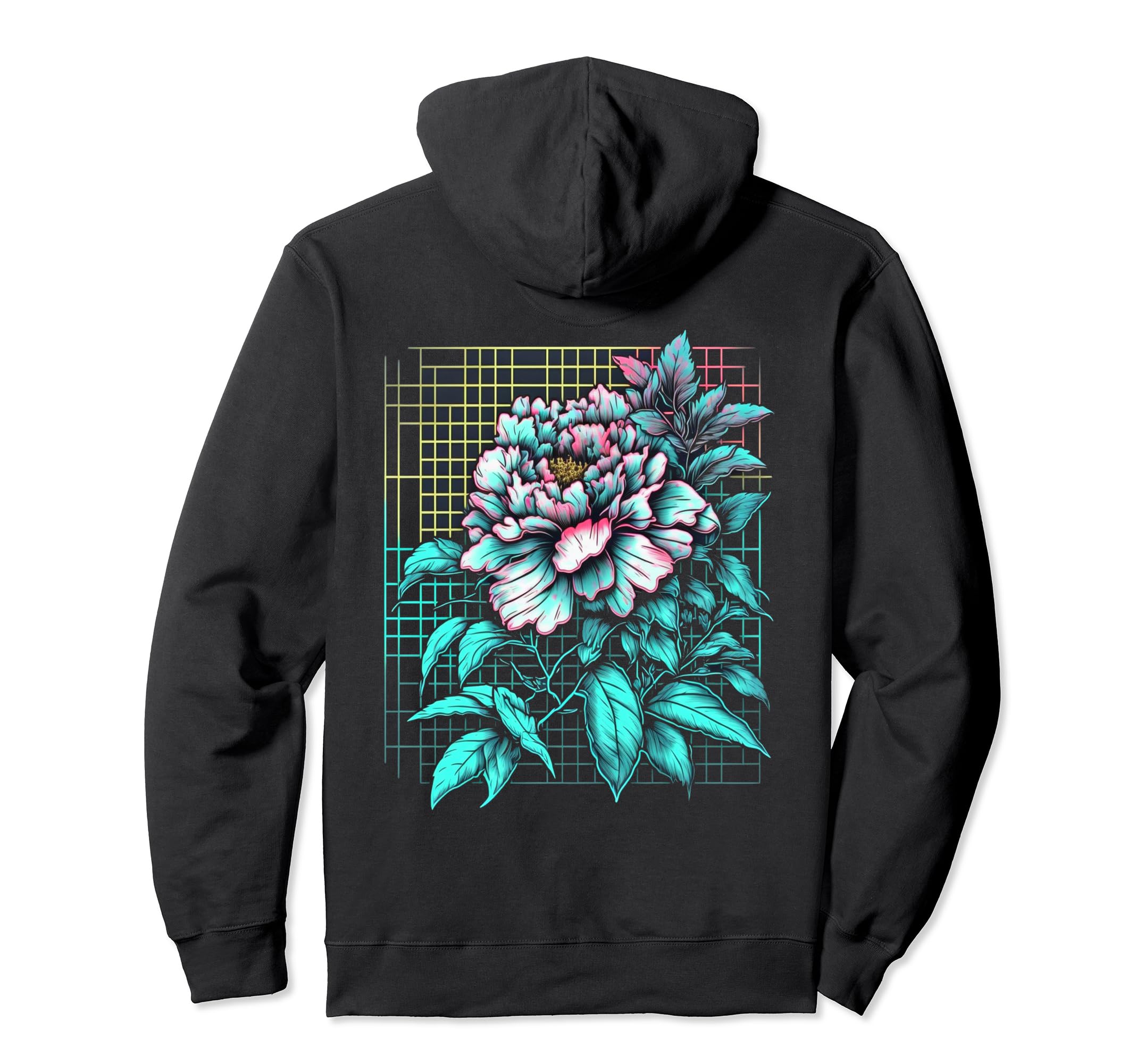 Backprint Japanese Vaporwave Flowers Hoodie - Unique Graphic for Adults - T-Shirt, Sweatshirt, Hoodie