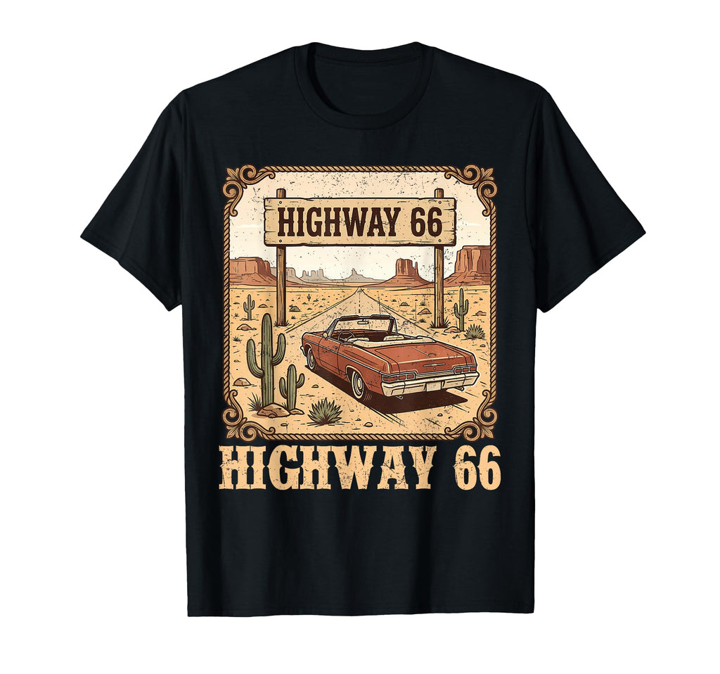 Highway 66 Historic Road American Car T-Shirt - Trendy Graphic Unisex - T-Shirt, Sweatshirt, Hoodie