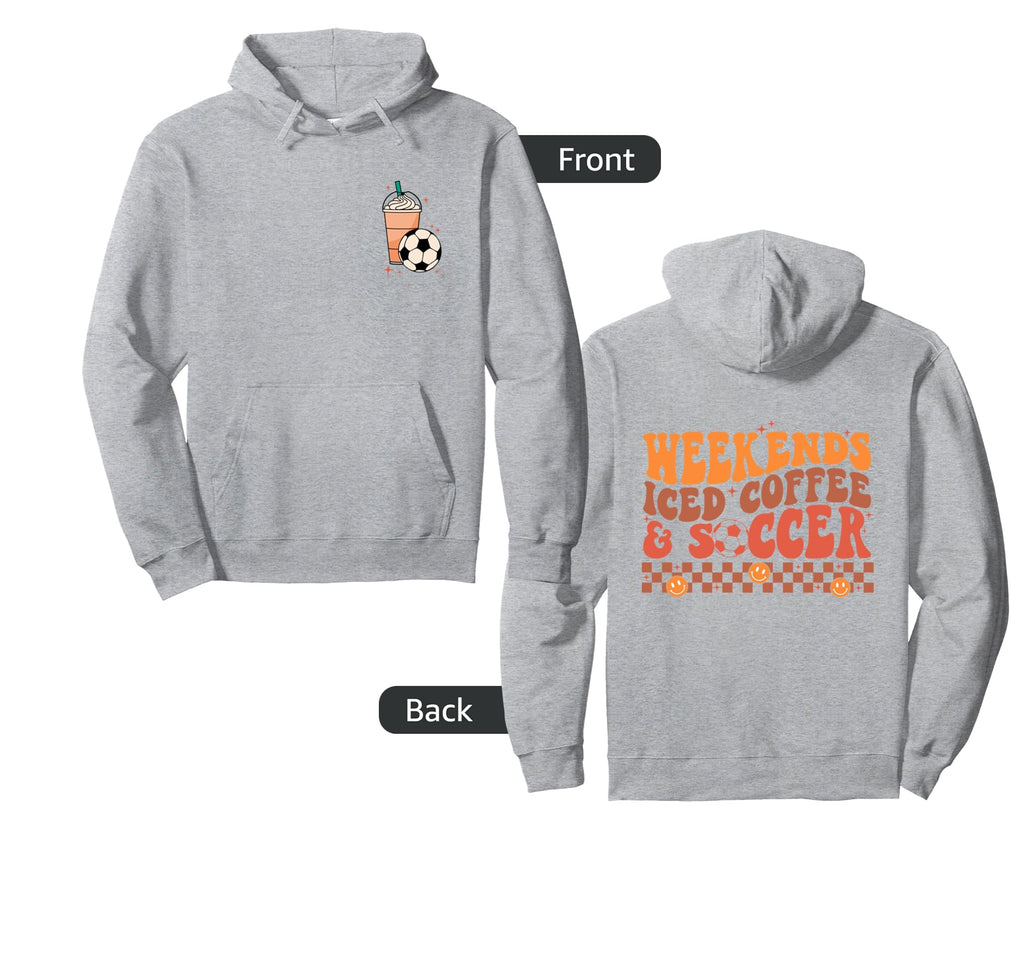 Weekends Iced Coffee And Soccer Groovy Hoodie - Trendy Graphic for Adults - T-Shirt, Sweatshirt, Hoodie