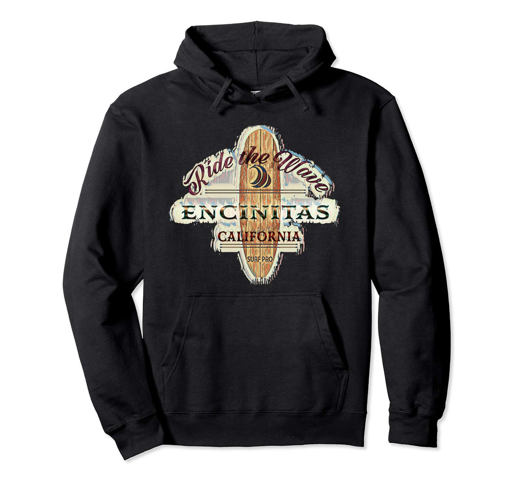 Encinitas Distressed Surfboard Sign Hoodie - Fun Novelty Design Men Women - T-Shirt, Sweatshirt, Hoodie