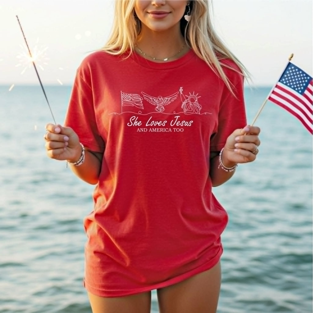 She Loves Jesus America Too Red Comfort Colors - Adult & Kids T-Shirts, Sweatshirts & Hoodies apparel design preview 1
