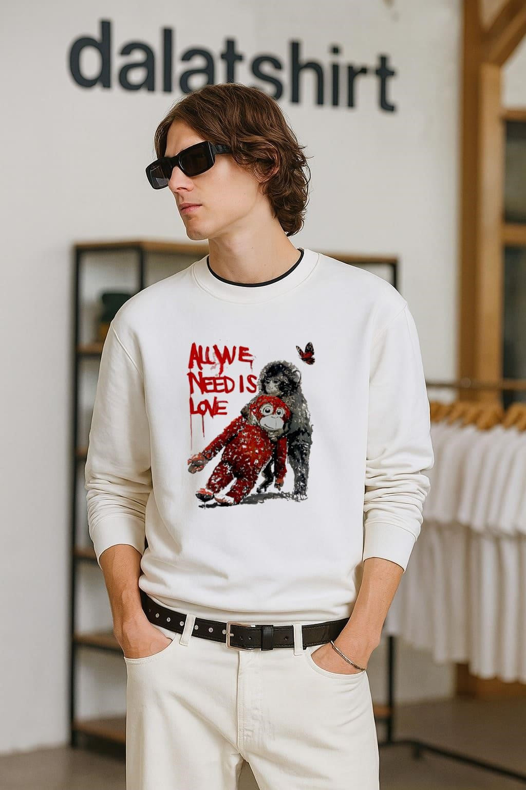 All we need is love punch monkey hugging red doll - Adult & Kids T-Shirts, Sweatshirts & Hoodies apparel design preview 2