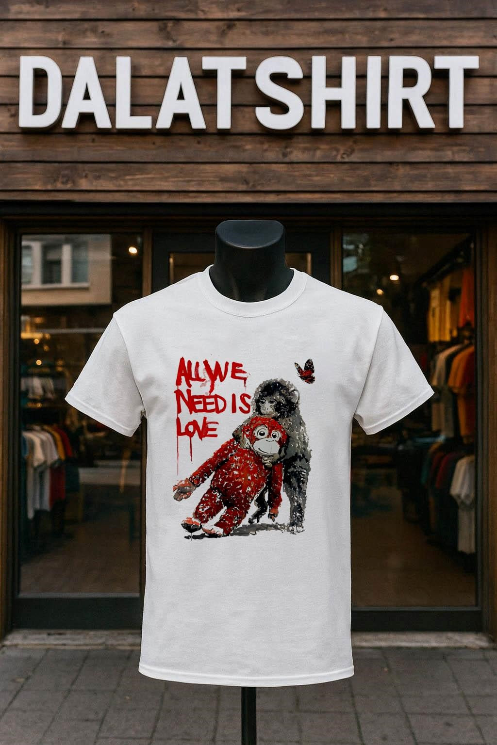 All we need is love punch monkey hugging red doll - Adult & Kids T-Shirts, Sweatshirts & Hoodies apparel design preview 1