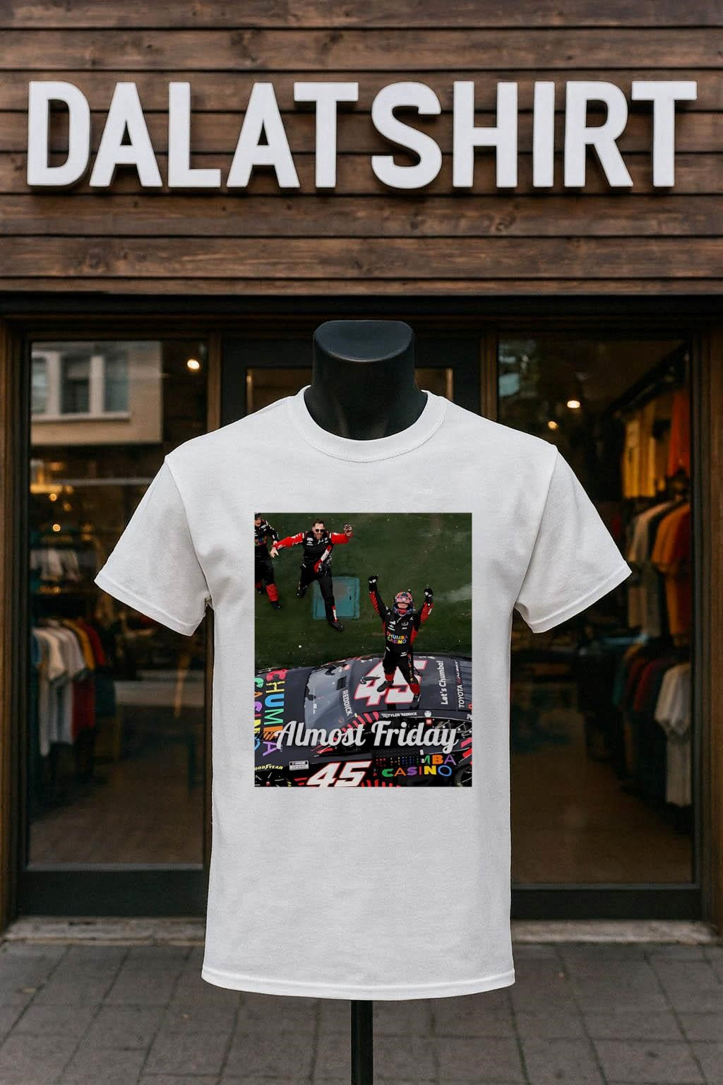Almost Friday Nascar Driver Celebrating On Number 45 - Adult & Kids T-Shirts, Sweatshirts & Hoodies apparel design preview 1