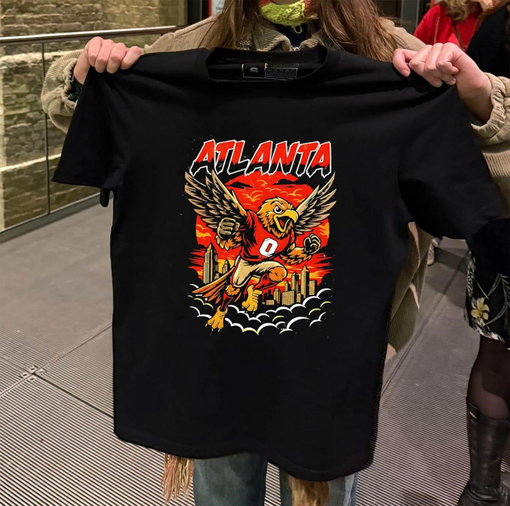 Atlanta Hawks Bird Mascot Running With City Skyline - Adult & Kids T-Shirts, Sweatshirts & Hoodies apparel design preview 2