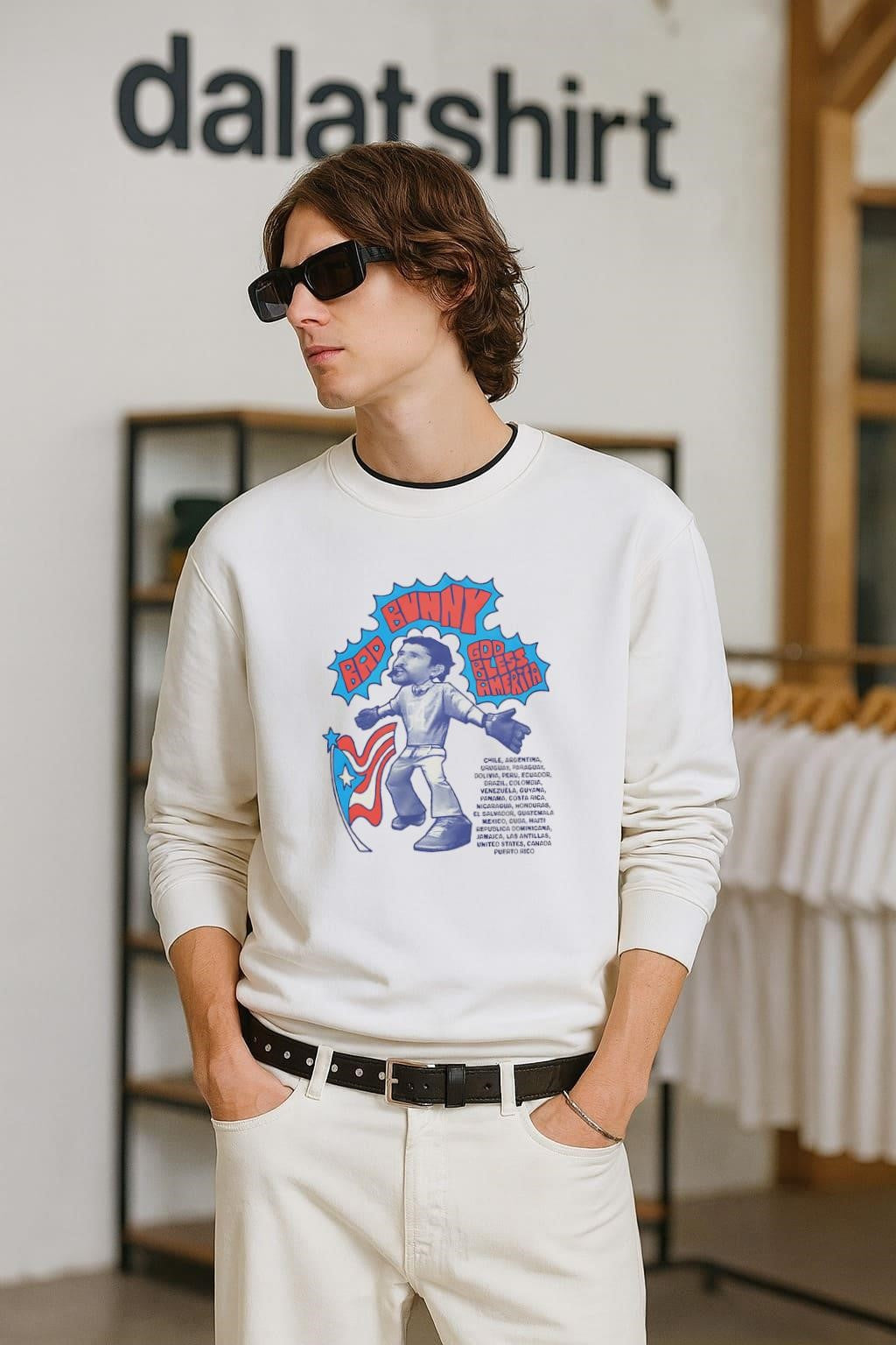 Bad Bunny God Bless America Flag Latin Tour List - Adult & Kids T-Shirts, Sweatshirts & Hoodies apparel design preview 2