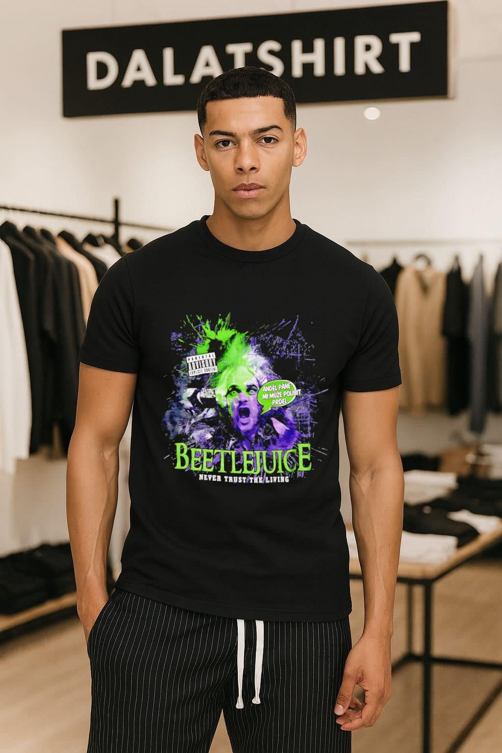 Beetlejuice Never Trust the Living purple green - Adult & Kids T-Shirts, Sweatshirts & Hoodies apparel design preview 1
