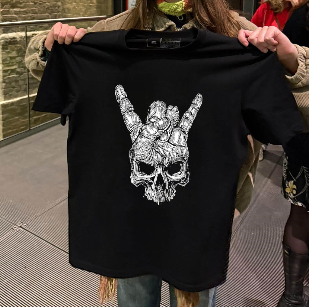 Black and White Sketch Skull with Rock Roll Horns - Adult & Kids T-Shirts, Sweatshirts & Hoodies apparel design preview 2