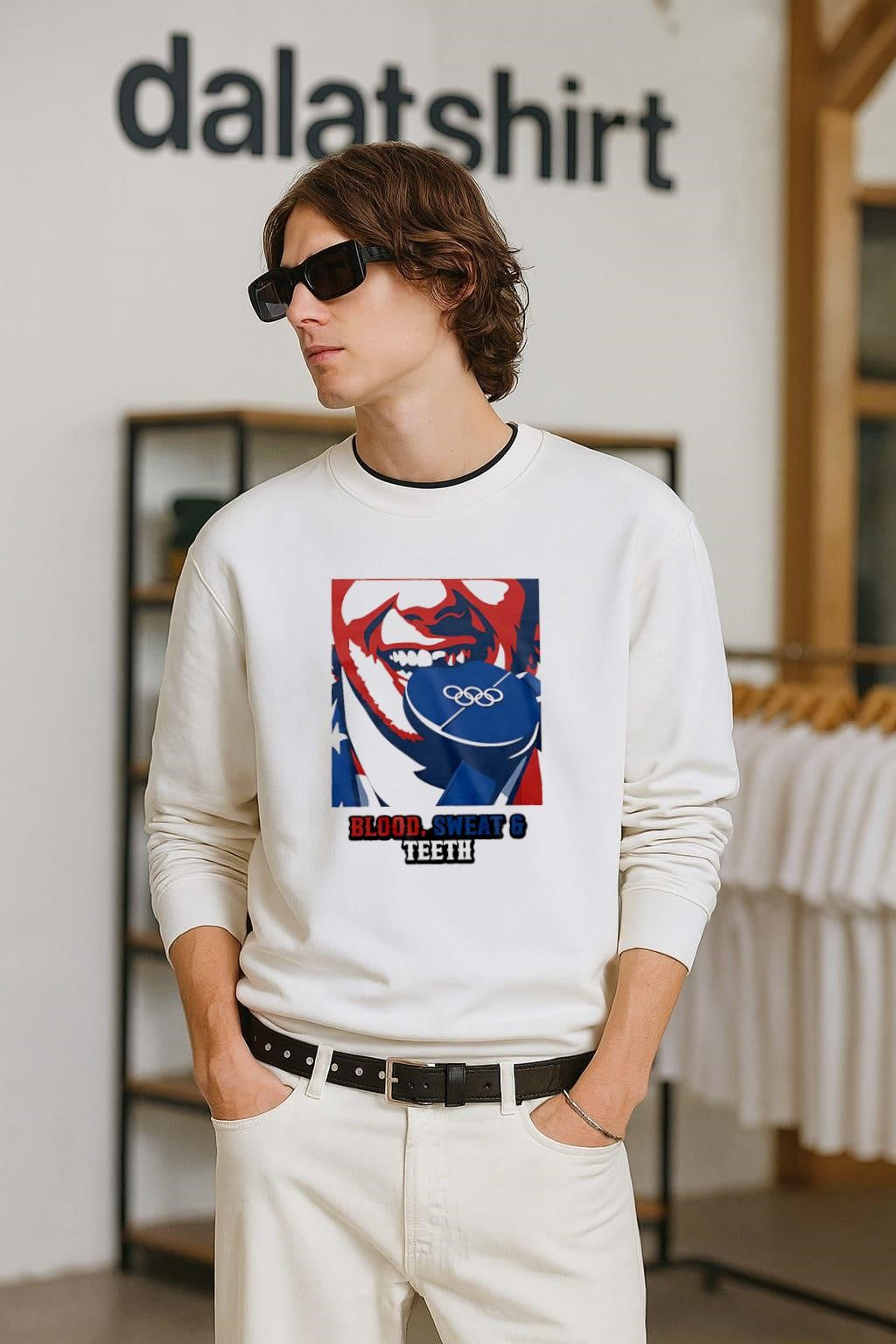 Blood Sweat and Teeth biting blue Olympic medal - Adult & Kids T-Shirts, Sweatshirts & Hoodies apparel design preview 2