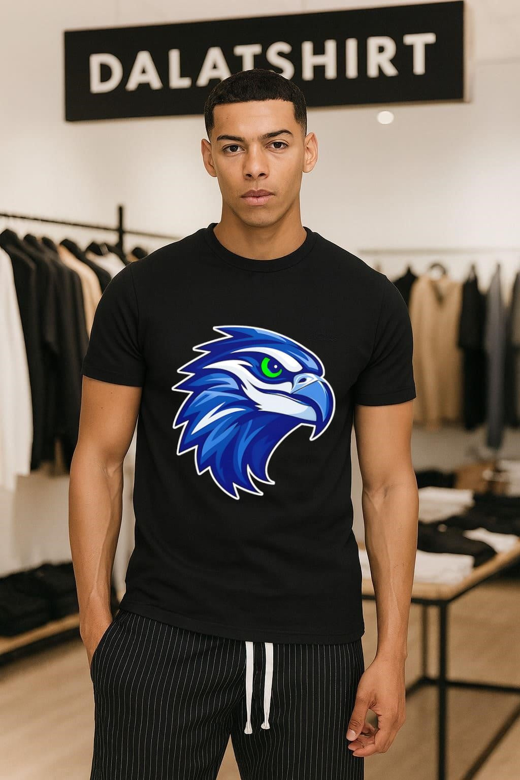Blue Osprey Hawk Head Profile Green Eye Mascot Logo - Adult & Kids T-Shirts, Sweatshirts & Hoodies apparel design preview 1