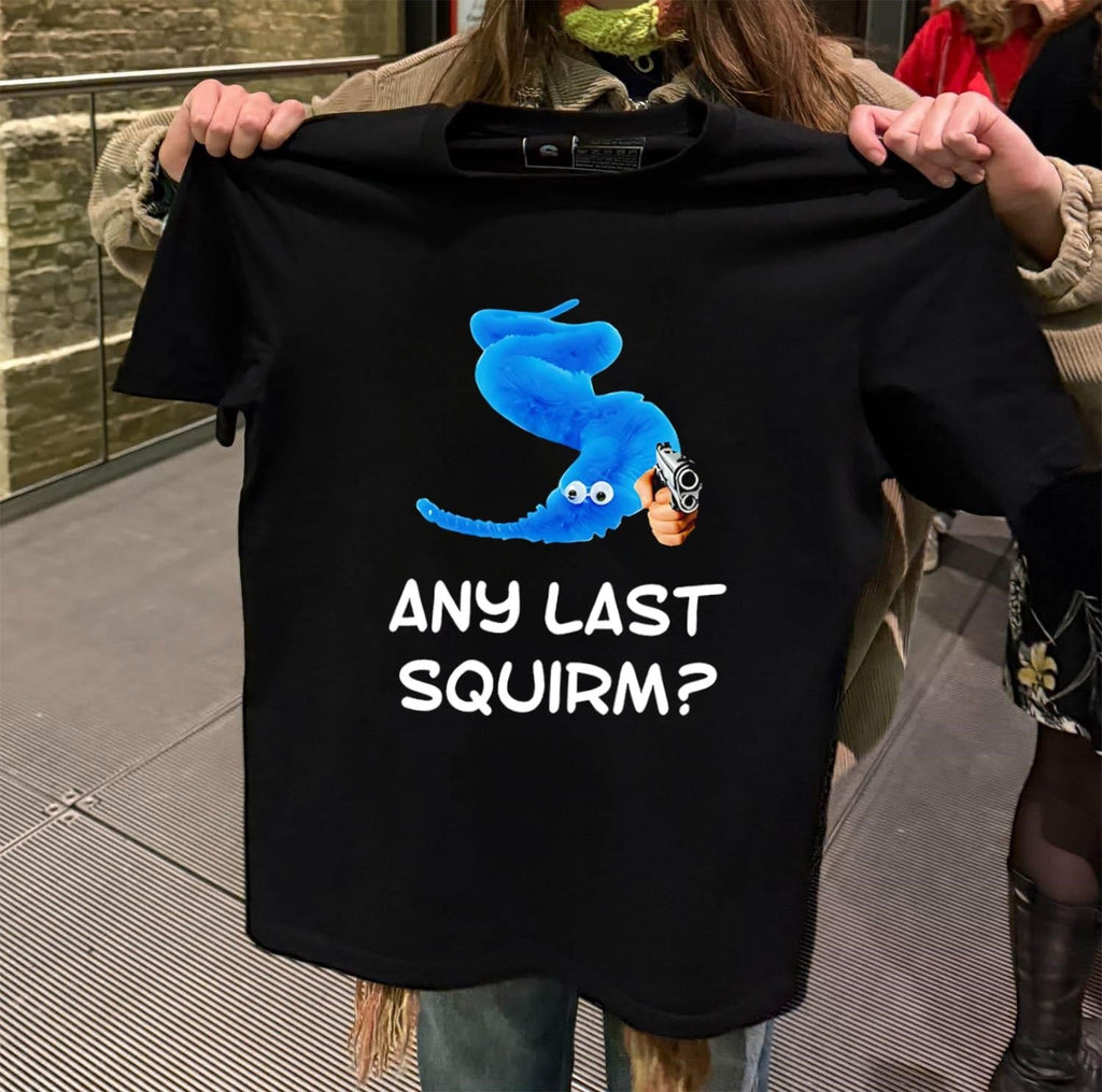 Blue Worm On A String Holding Gun Any Last Squirm - Adult & Kids T-Shirts, Sweatshirts & Hoodies apparel design preview 2