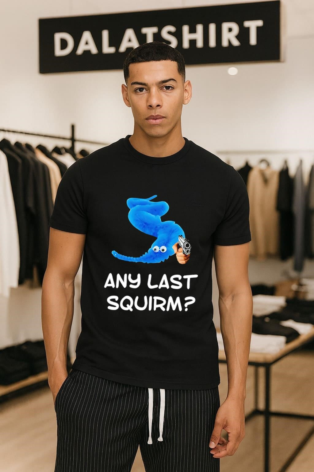 Blue Worm On A String Holding Gun Any Last Squirm - Adult & Kids T-Shirts, Sweatshirts & Hoodies apparel design preview 1