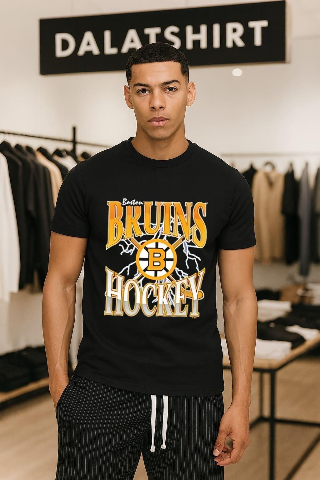 Boston Bruins Hockey Crossed Sticks Lightning Logo - Adult & Kids T-Shirts, Sweatshirts & Hoodies apparel design preview 1