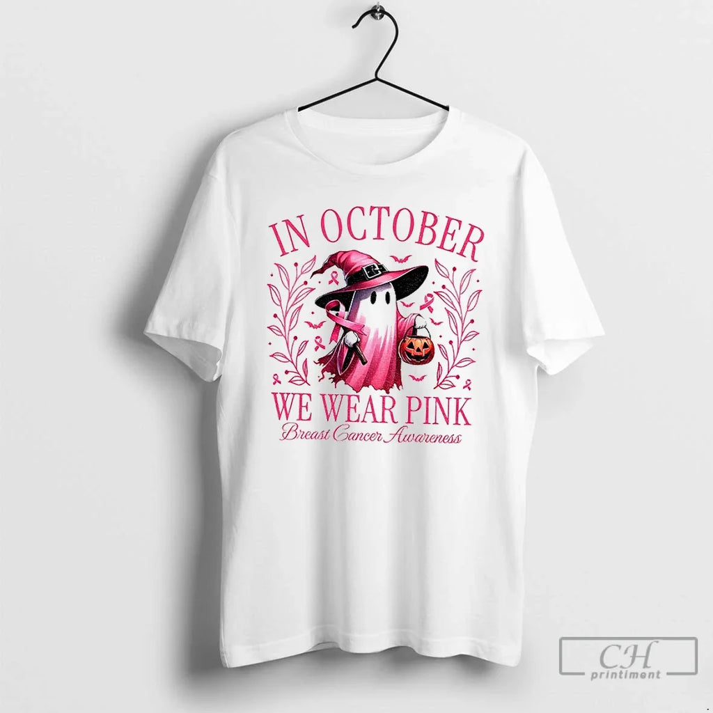 Breast Cancer Awareness Pink Ghost In October We Wear - Adult & Kids T-Shirts, Sweatshirts & Hoodies apparel design preview 1