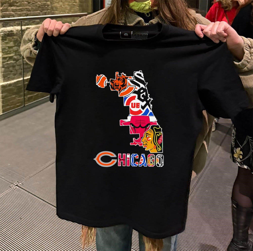 Chicago Sports Teams Logo Mashup City Map Silhouette - Adult & Kids T-Shirts, Sweatshirts & Hoodies apparel design preview 2