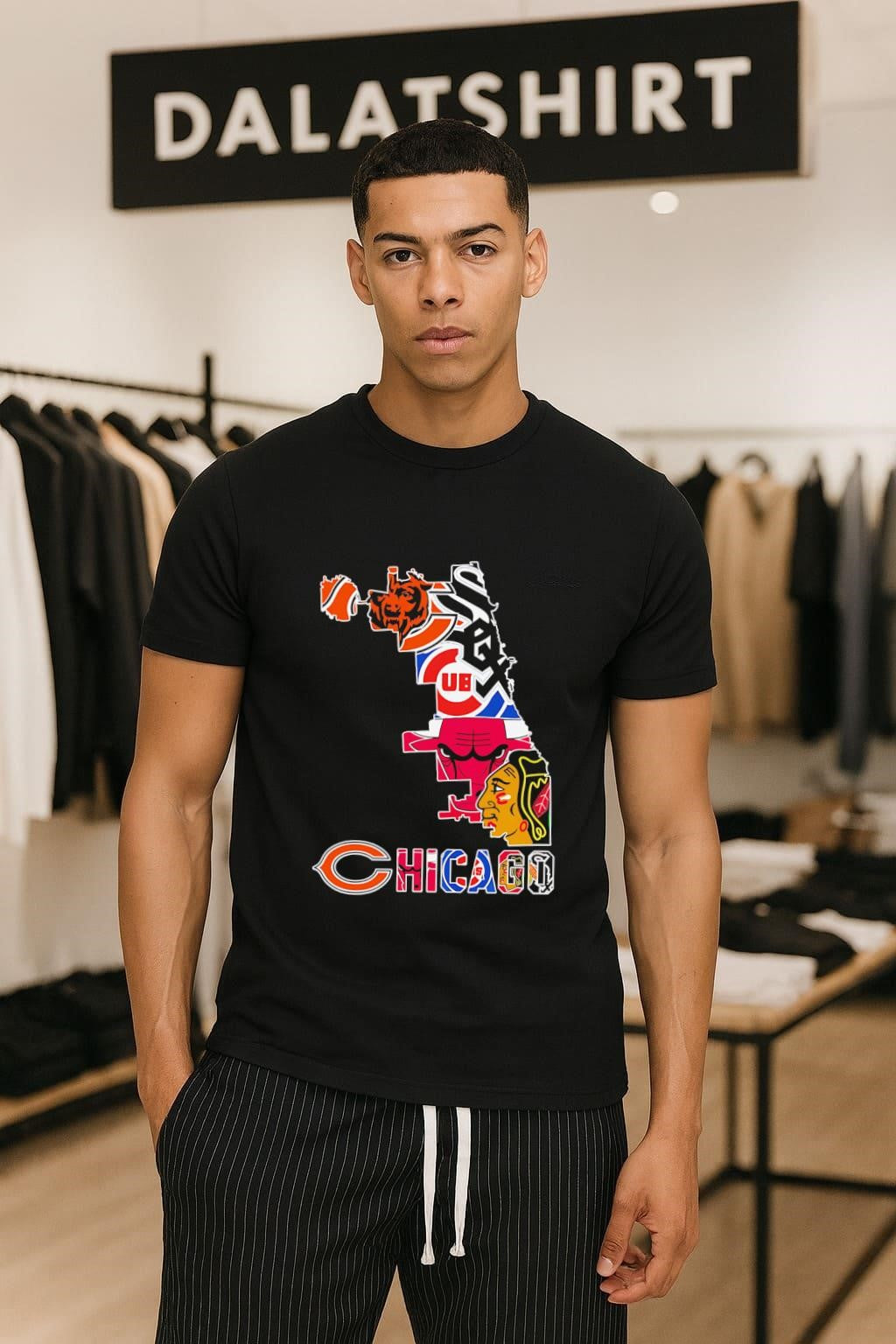 Chicago Sports Teams Logo Mashup City Map Silhouette - Adult & Kids T-Shirts, Sweatshirts & Hoodies apparel design preview 1