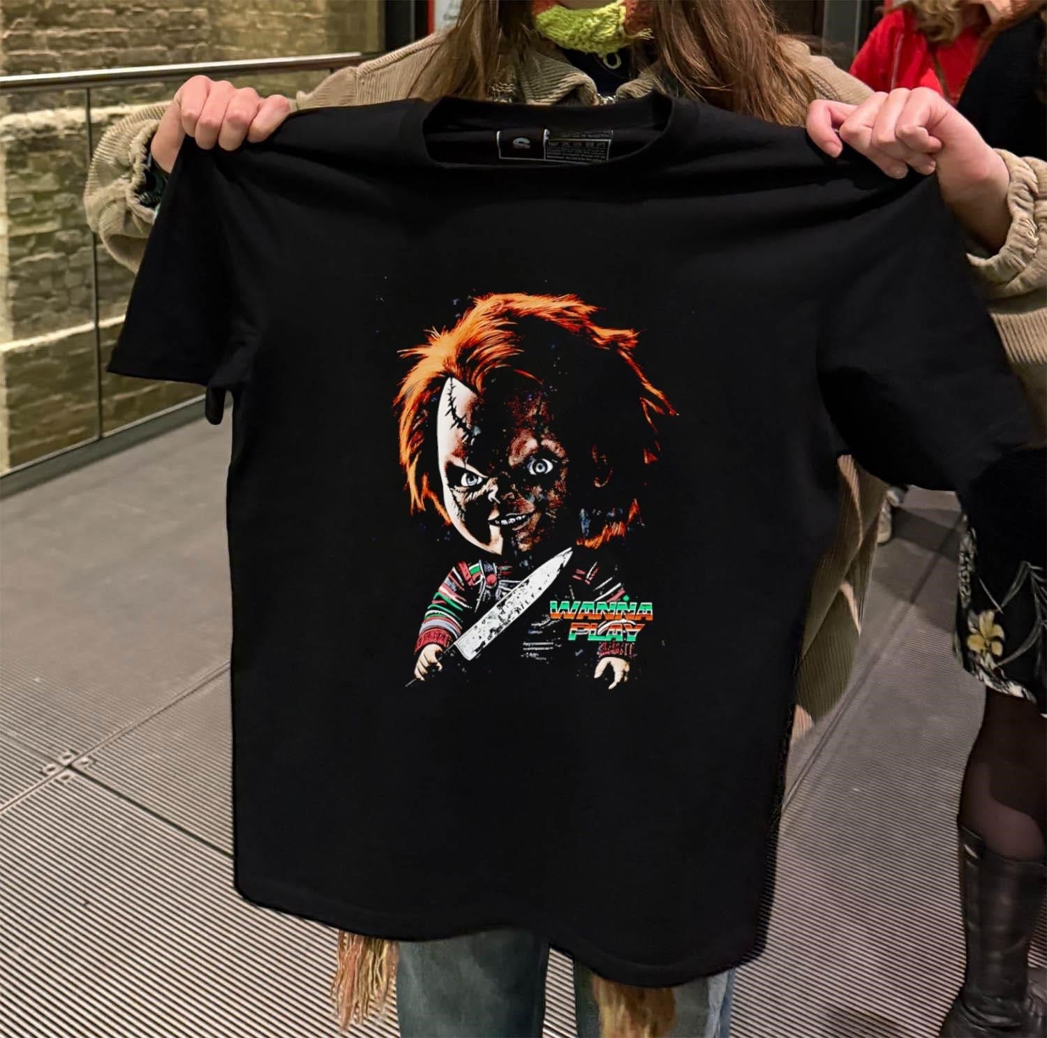 Chucky Wanna Play Horror Movie Character Holding - Adult & Kids T-Shirts, Sweatshirts & Hoodies apparel design preview 2