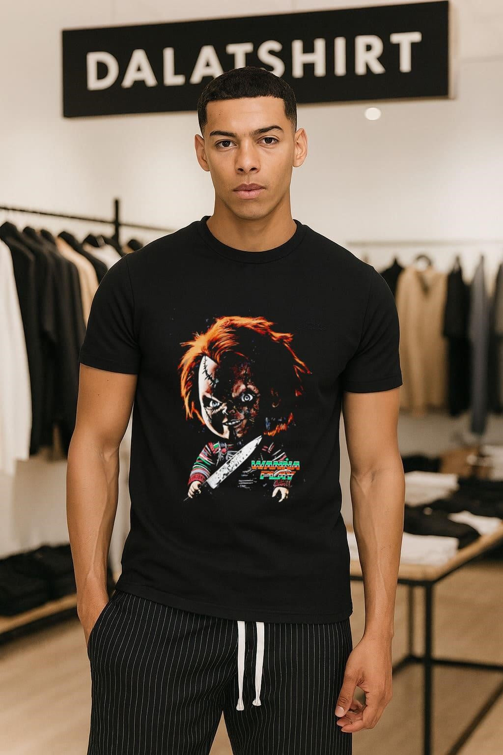 Chucky Wanna Play Horror Movie Character Holding - Adult & Kids T-Shirts, Sweatshirts & Hoodies apparel design preview 1