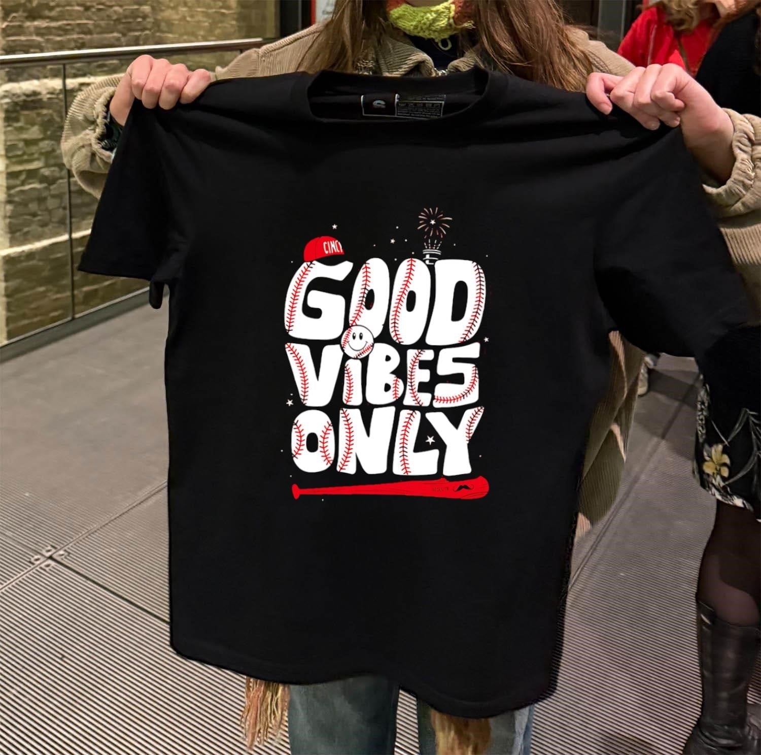 Cincy Good Vibes Only Baseball Smiley Face Fireworks - Adult & Kids T-Shirts, Sweatshirts & Hoodies apparel design preview 2