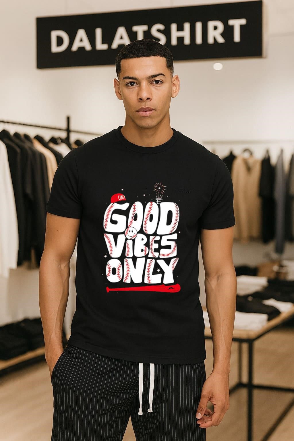 Cincy Good Vibes Only Baseball Smiley Face Fireworks - Adult & Kids T-Shirts, Sweatshirts & Hoodies apparel design preview 1