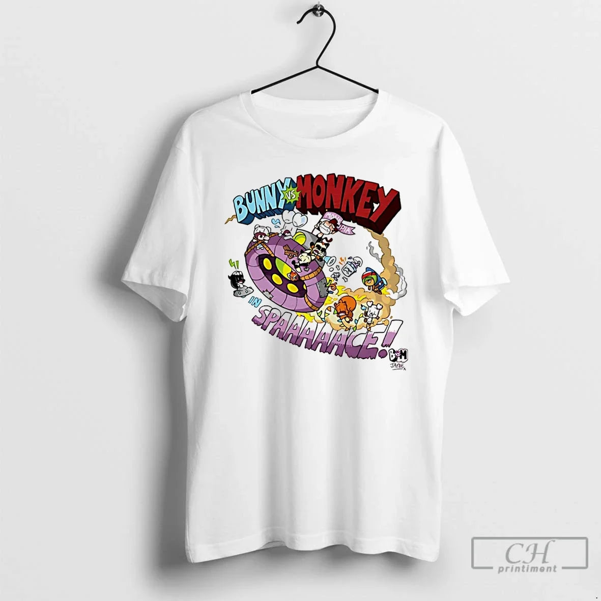 Classic Bunny Vs Monkey In Space Cartoon - Adult & Kids T-Shirts, Sweatshirts & Hoodies apparel design preview 1
