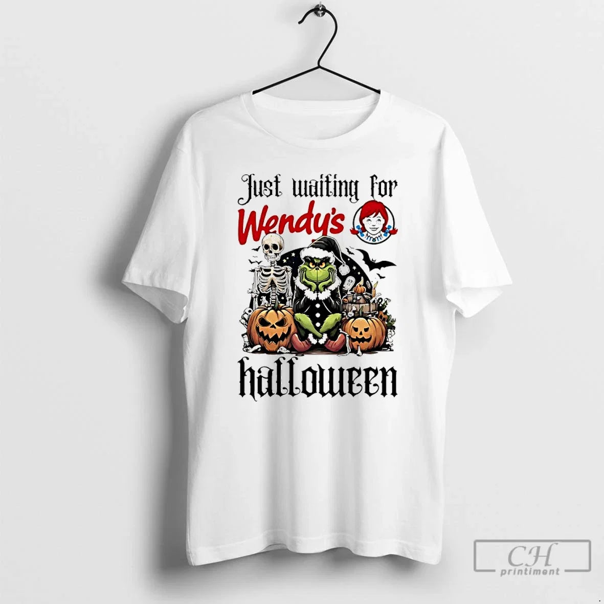 Classic Grinch Just Waiting For Wendys Pumpkin - Adult & Kids T-Shirts, Sweatshirts & Hoodies apparel design preview 1
