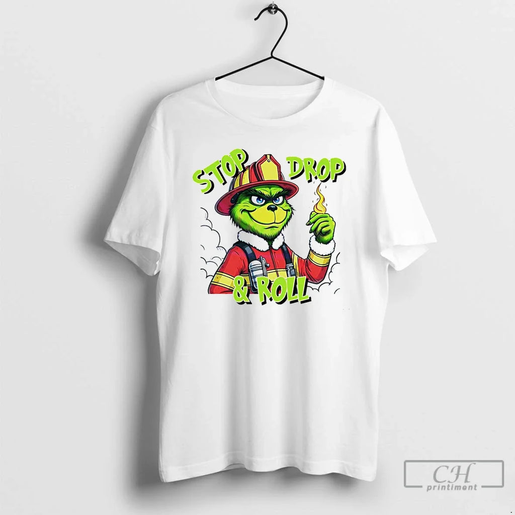 Classic Stop Drop And Roll Grinch Christmas Fireman - Adult & Kids T-Shirts, Sweatshirts & Hoodies apparel design preview 1