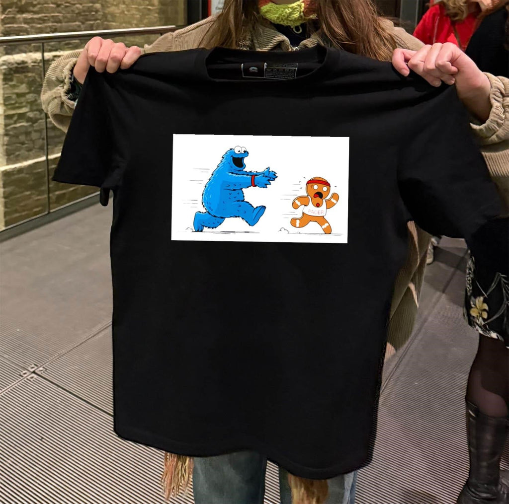 Cookie Monster Chasing Gingerbread Pacer Man Funny - Adult & Kids T-Shirts, Sweatshirts & Hoodies apparel design preview 2