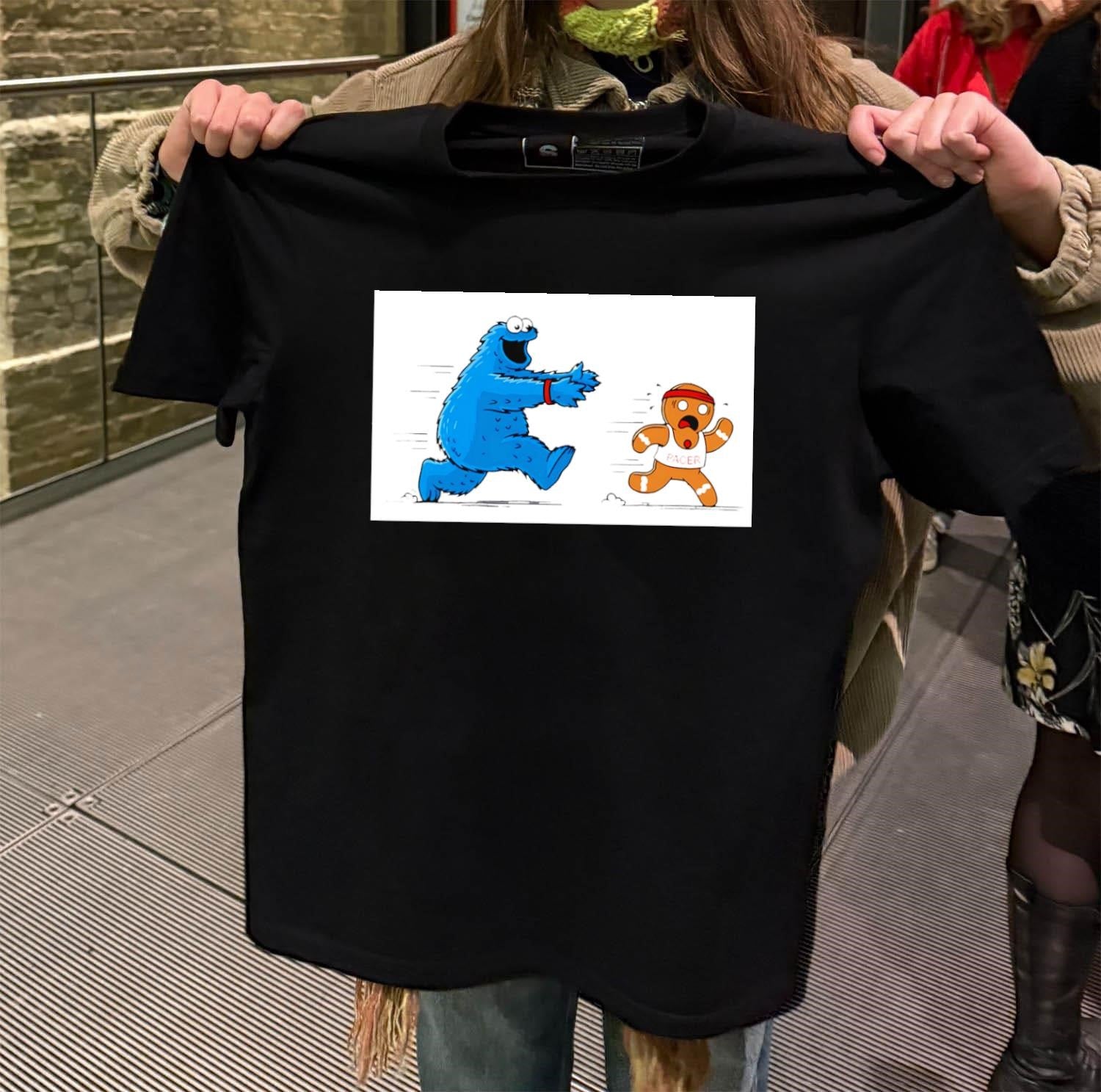 Cookie Monster Chasing Gingerbread Pacer Man Funny - Adult & Kids T-Shirts, Sweatshirts & Hoodies apparel design preview 2