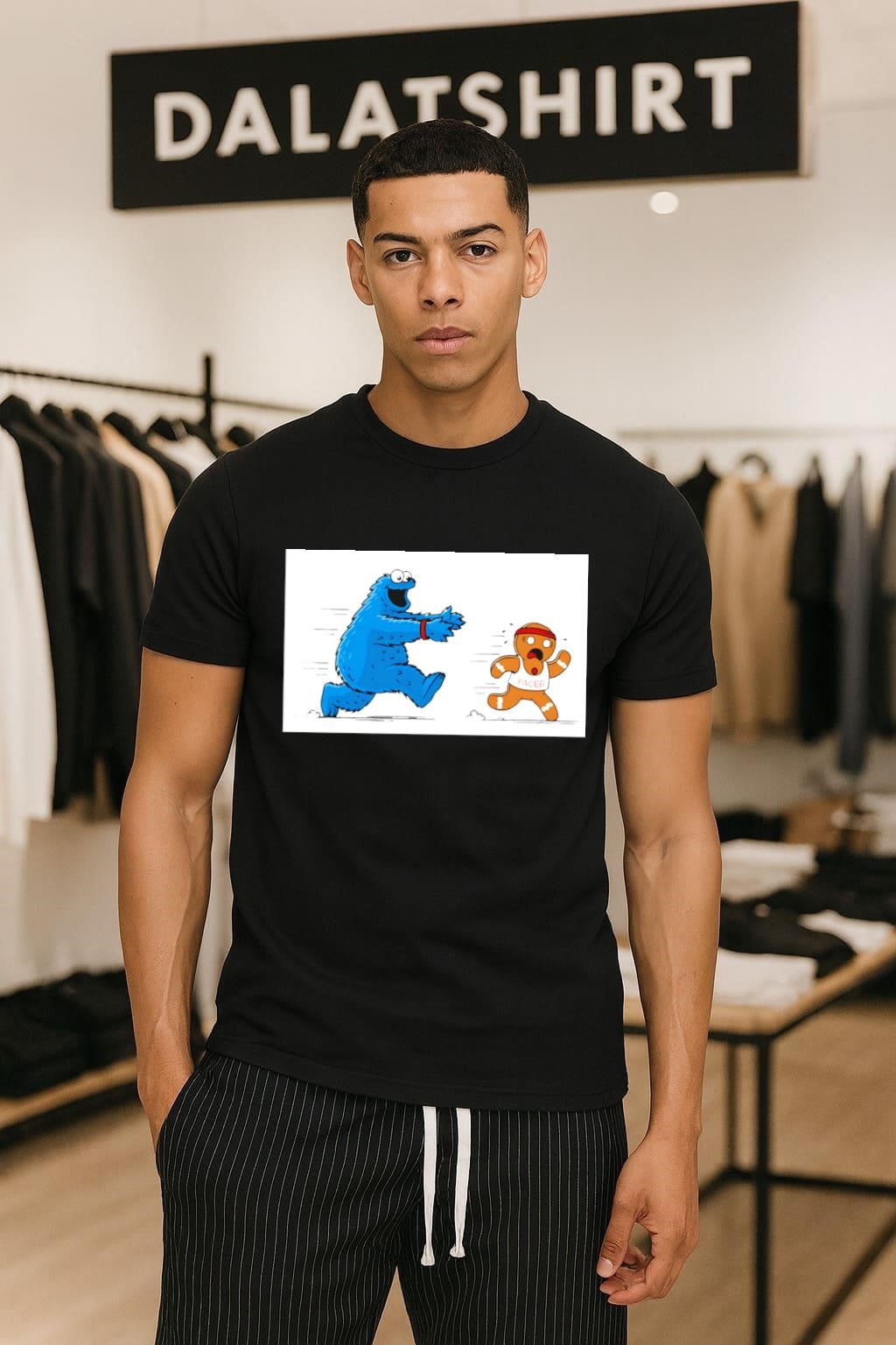 Cookie Monster Chasing Gingerbread Pacer Man Funny - Adult & Kids T-Shirts, Sweatshirts & Hoodies apparel design preview 1