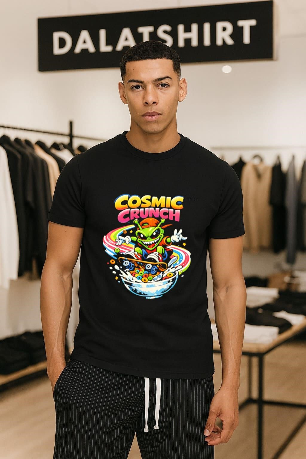 Cosmic Crunch alien skateboarding on a rainbow cereal - Adult & Kids T-Shirts, Sweatshirts & Hoodies apparel design preview 1
