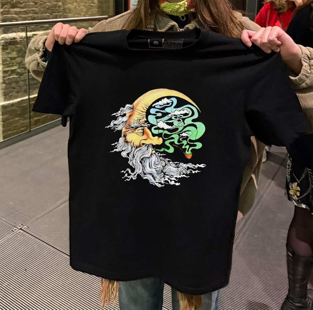 Crescent moon man with beard smoking pipe clouds - Adult & Kids T-Shirts, Sweatshirts & Hoodies apparel design preview 2