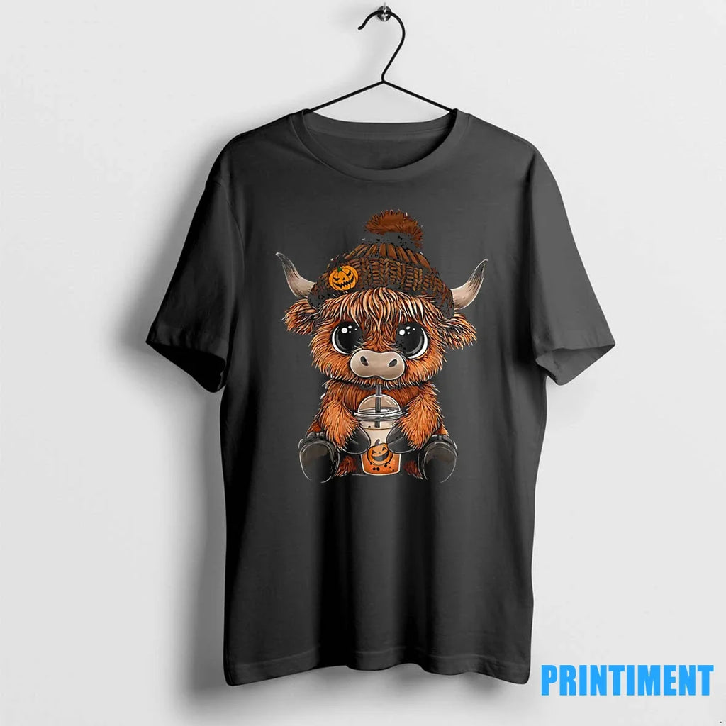 Cute Highland Cow Hat Pumpkin Drink Coffee Lover - Adult & Kids T-Shirts, Sweatshirts & Hoodies apparel design preview 1