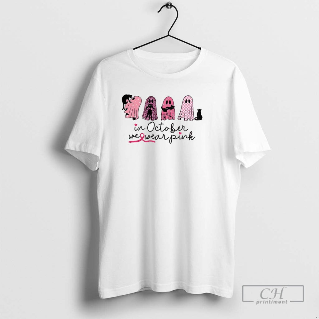 Cute Ghost Black Cat In October We Wear Pink Spooky - Adult & Kids T-Shirts, Sweatshirts & Hoodies apparel design preview 1