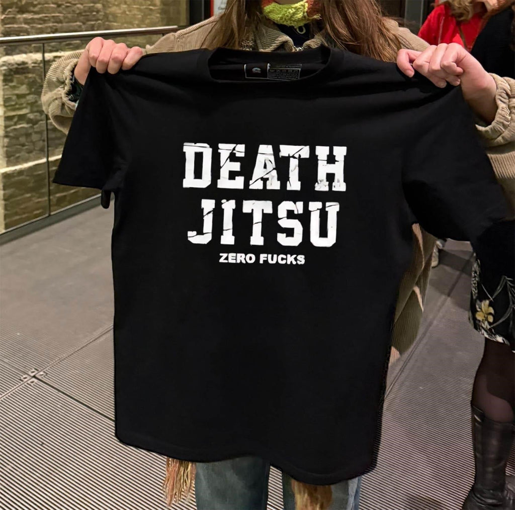 Death Jitsu Zero Fucks Distressed White Block Letters - Adult & Kids T-Shirts, Sweatshirts & Hoodies apparel design preview 2