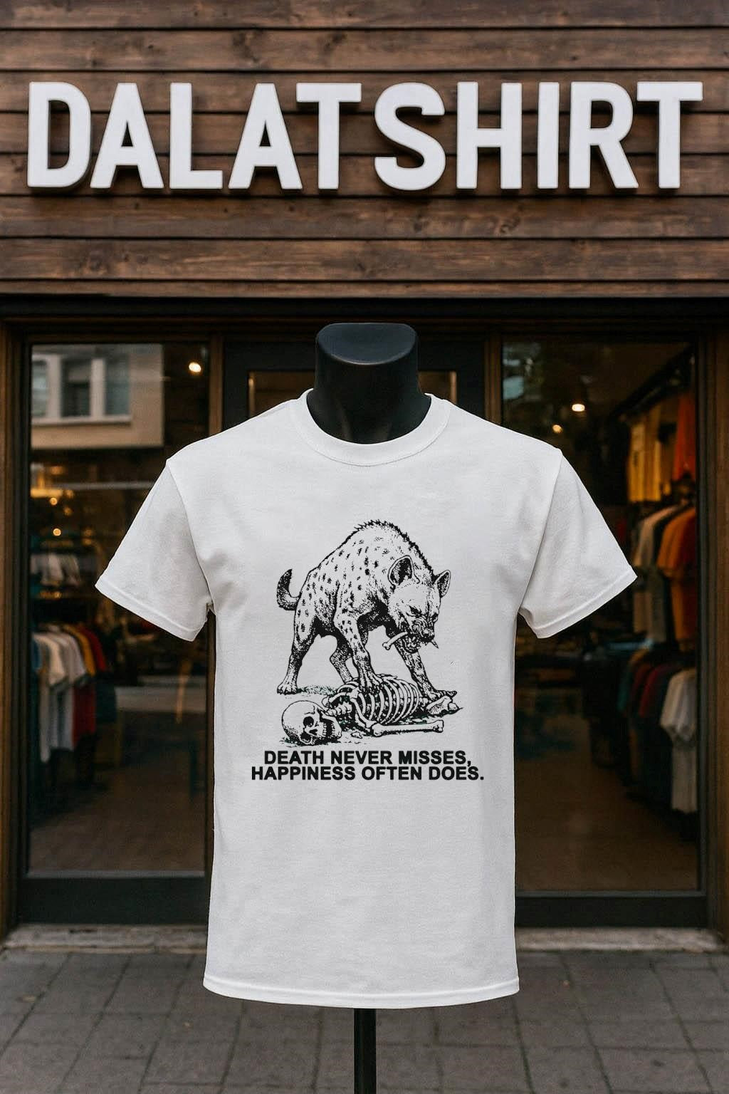Death Never Misses Happiness Often Does Hyena - Adult & Kids T-Shirts, Sweatshirts & Hoodies apparel design preview 1