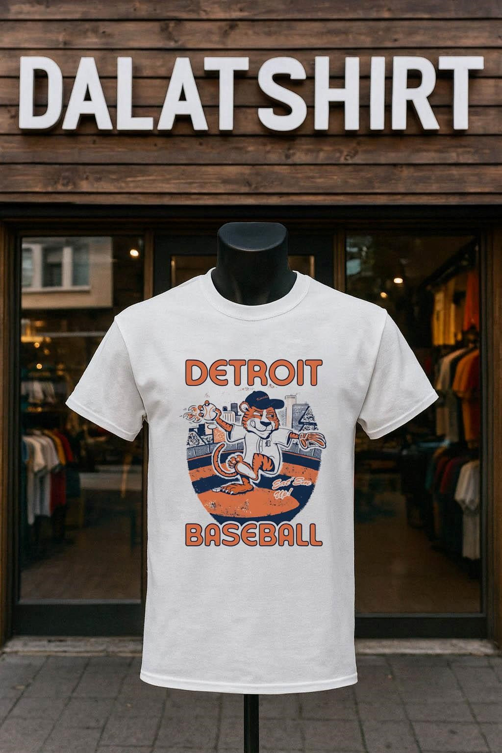 Detroit Baseball Eat 'Em Up Tiger Pitcher Mascot - Adult & Kids T-Shirts, Sweatshirts & Hoodies apparel design preview 1