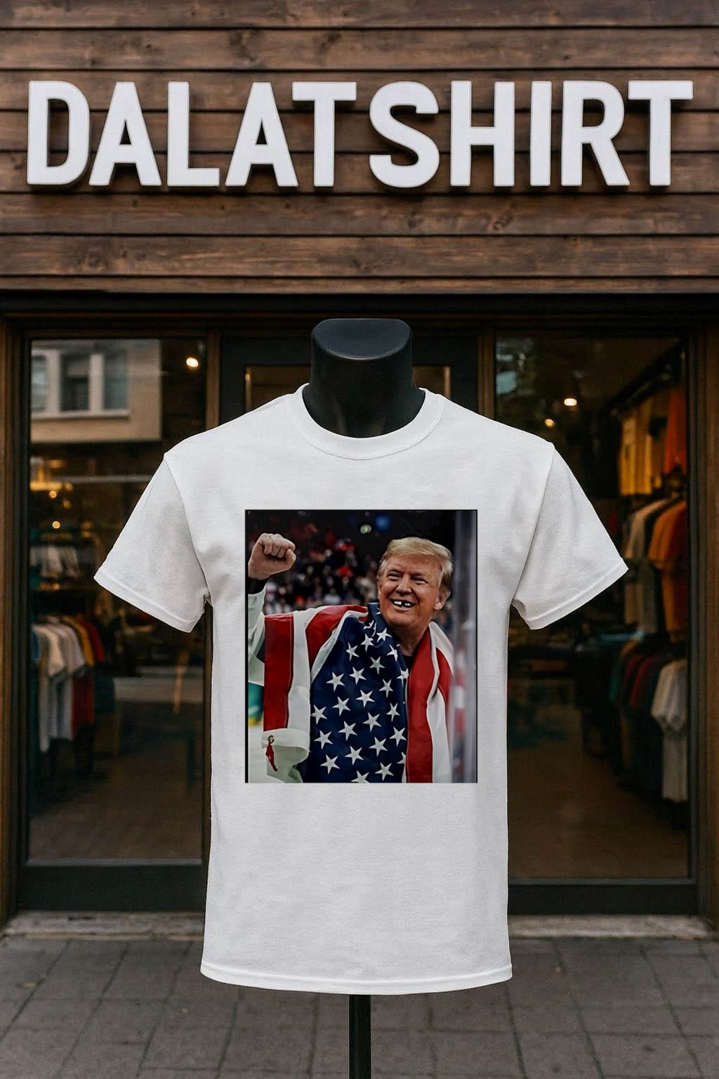 Donald Trump American Flag Fist Up Hockey Player - Adult & Kids T-Shirts, Sweatshirts & Hoodies apparel design preview 1