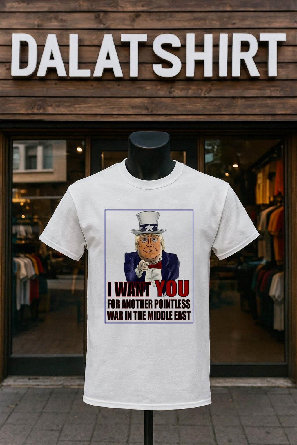 Donald Trump Uncle Sam Pointless Middle East War - Adult & Kids T-Shirts, Sweatshirts & Hoodies apparel design preview 1