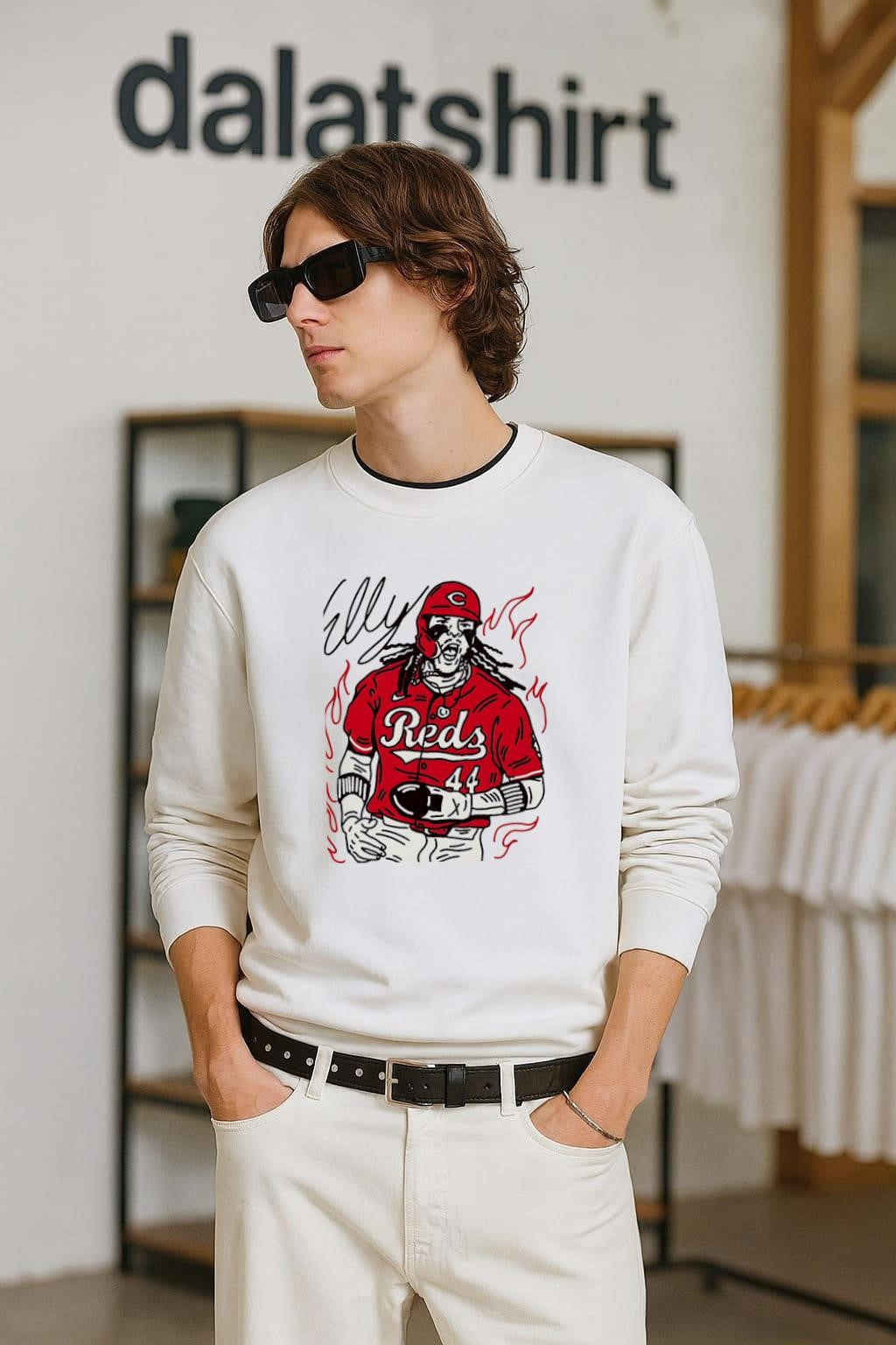 Elly Reds 44 Baseball Player Action Illustration - Adult & Kids T-Shirts, Sweatshirts & Hoodies apparel design preview 2