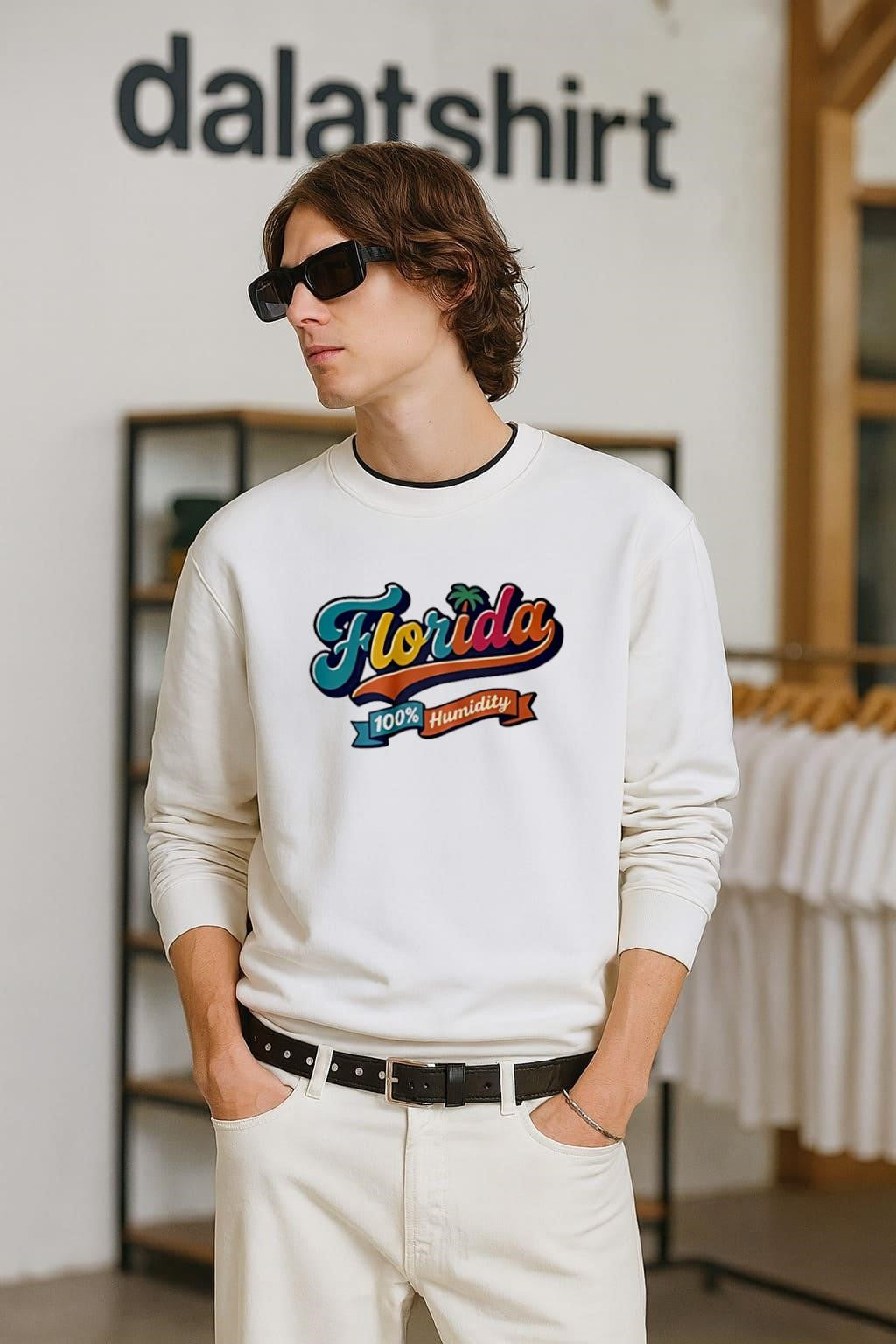 Florida 100% Humidity Colorful Retro Script Palm - Adult & Kids T-Shirts, Sweatshirts & Hoodies apparel design preview 2