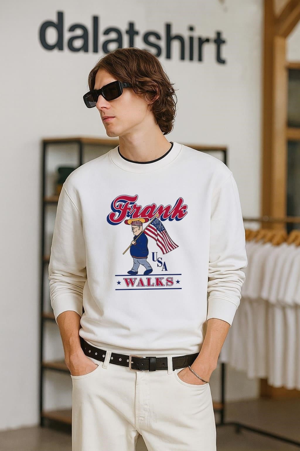 Frank USA Walks Hot Dog Character With American Flag - Adult & Kids T-Shirts, Sweatshirts & Hoodies apparel design preview 2