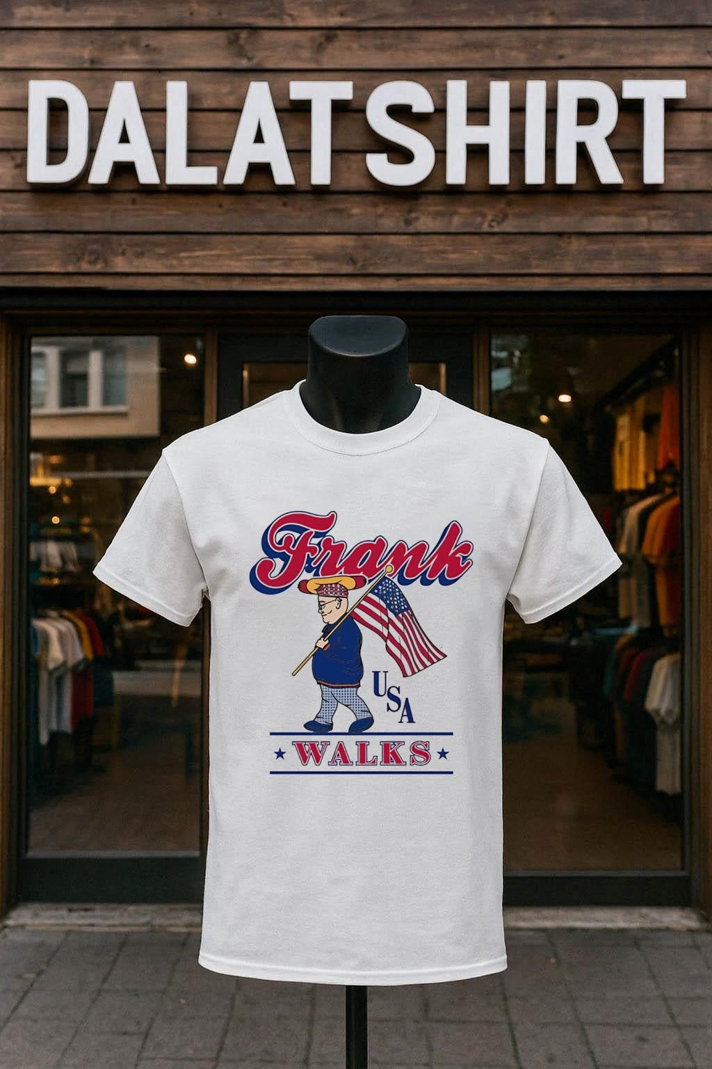 Frank USA Walks Hot Dog Character With American Flag - Adult & Kids T-Shirts, Sweatshirts & Hoodies apparel design preview 1