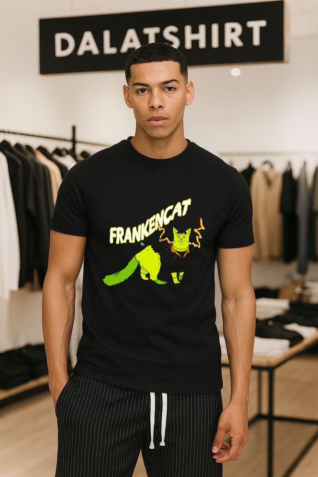 Frankencat Green Monster Halloween Cat Lightning Bolt - Adult & Kids T-Shirts, Sweatshirts & Hoodies apparel design preview 1